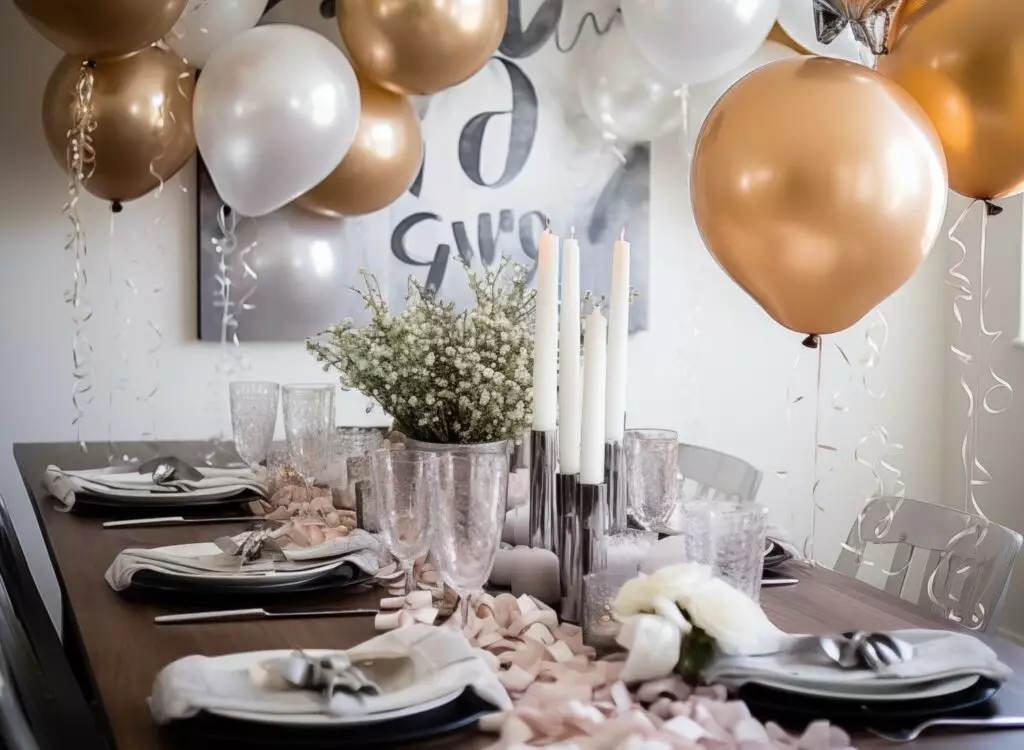 table décoration anniversaire ballon argent doré chemin de table satin élégant bougie