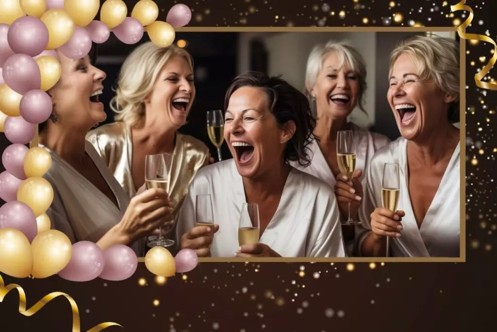 spa entre femmes anniversaire 50 ans cadre photo ballon coupe champagne peignoir satin amies