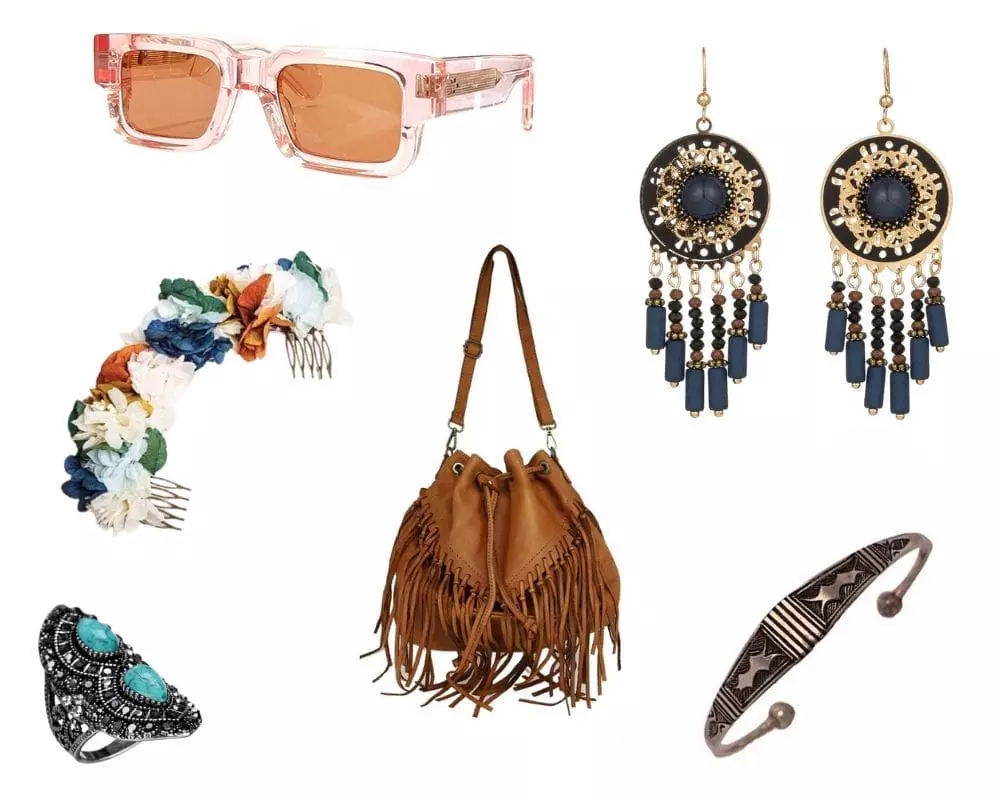 accessoires coachella sac à frange marron bague pierre colorés boucle d'oreil lunettes soleil couronne fleurs bracelet