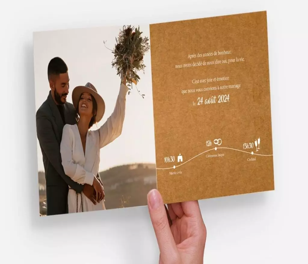 faire part mariage papier kraft photo mariés carton invitation tenu par la main