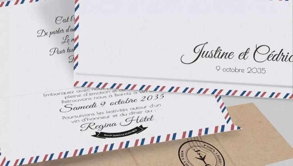 faire part mariage lettre postal avion justine cédric rsvp