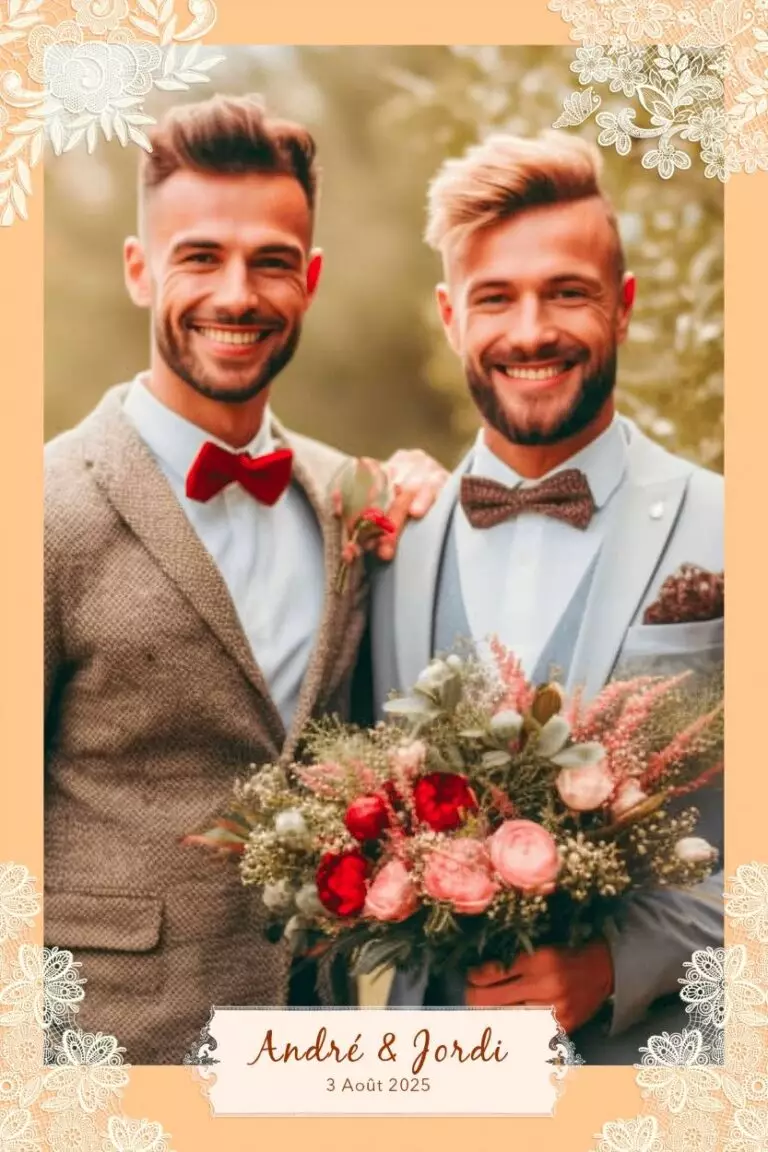 impression photo mariage gay andré jordi deux hommes barbus en costume tenant un bouquet de fleurs 2025