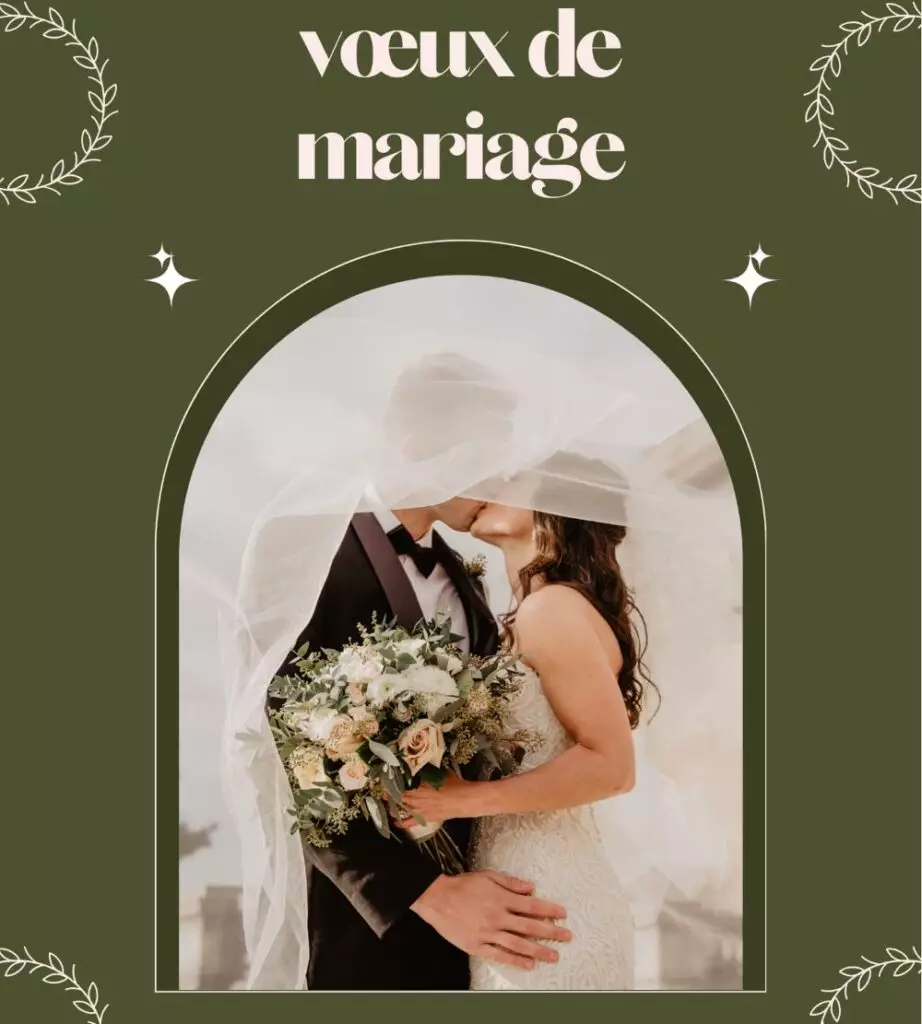 voeux de mariage affiche mariés baiser bouquet robe costume